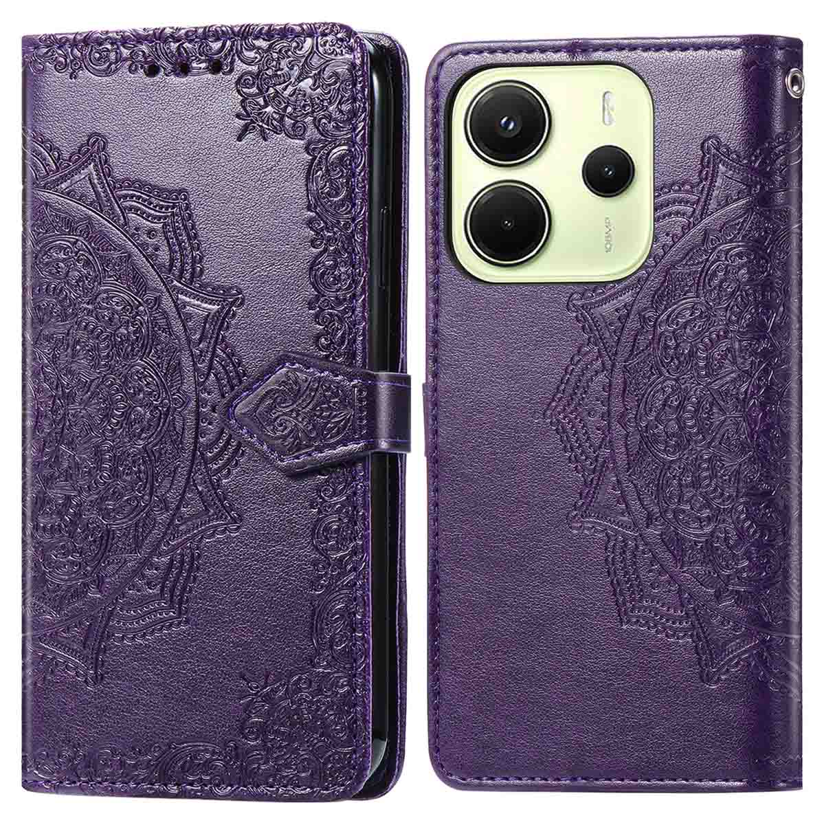 Paarse telefoonhoes met patroon, open, toont de telefoon met cameradetails.