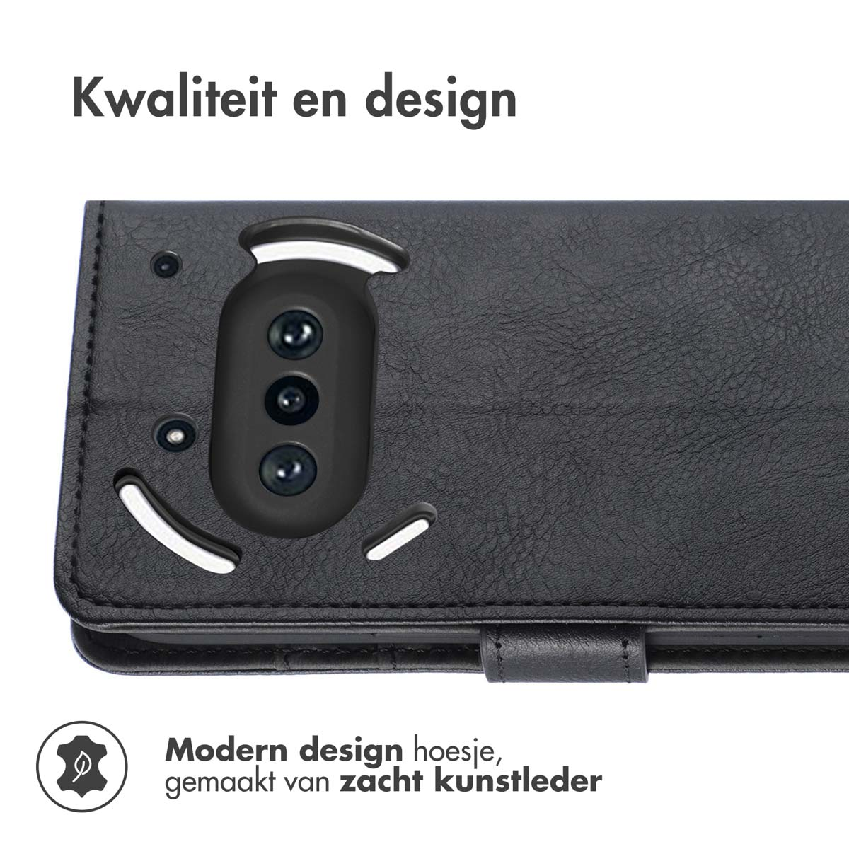 Custodia per telefono in pelle nera con ritaglio per fotocamera, chiusura magnetica e design in pelle morbida.