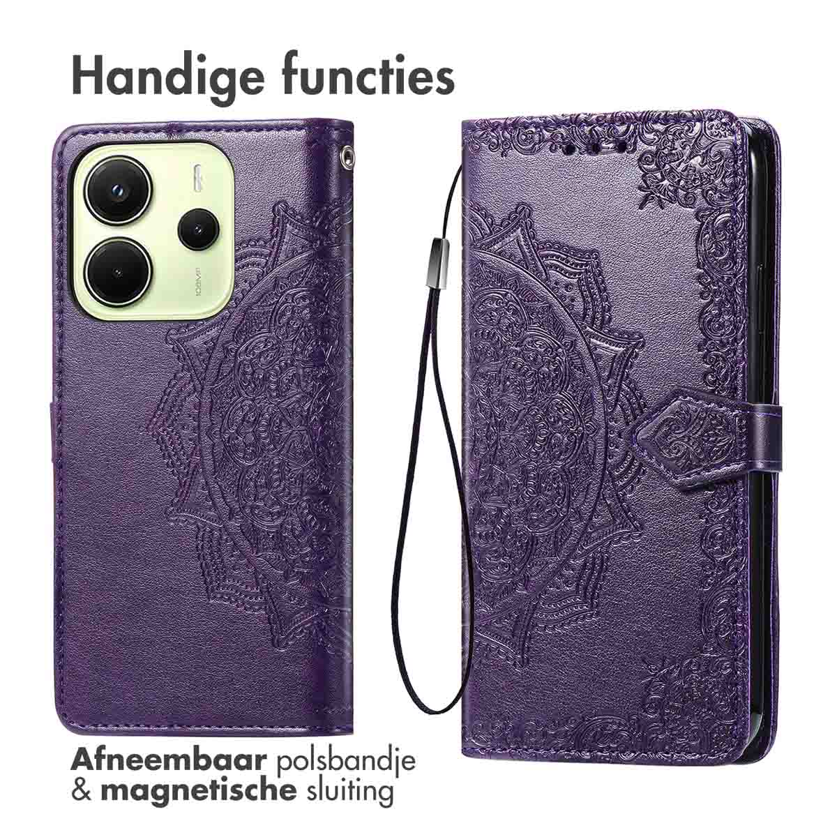 Paarse telefoonhoes met patroon, open. Heeft een riem en een magnetische sluiting.