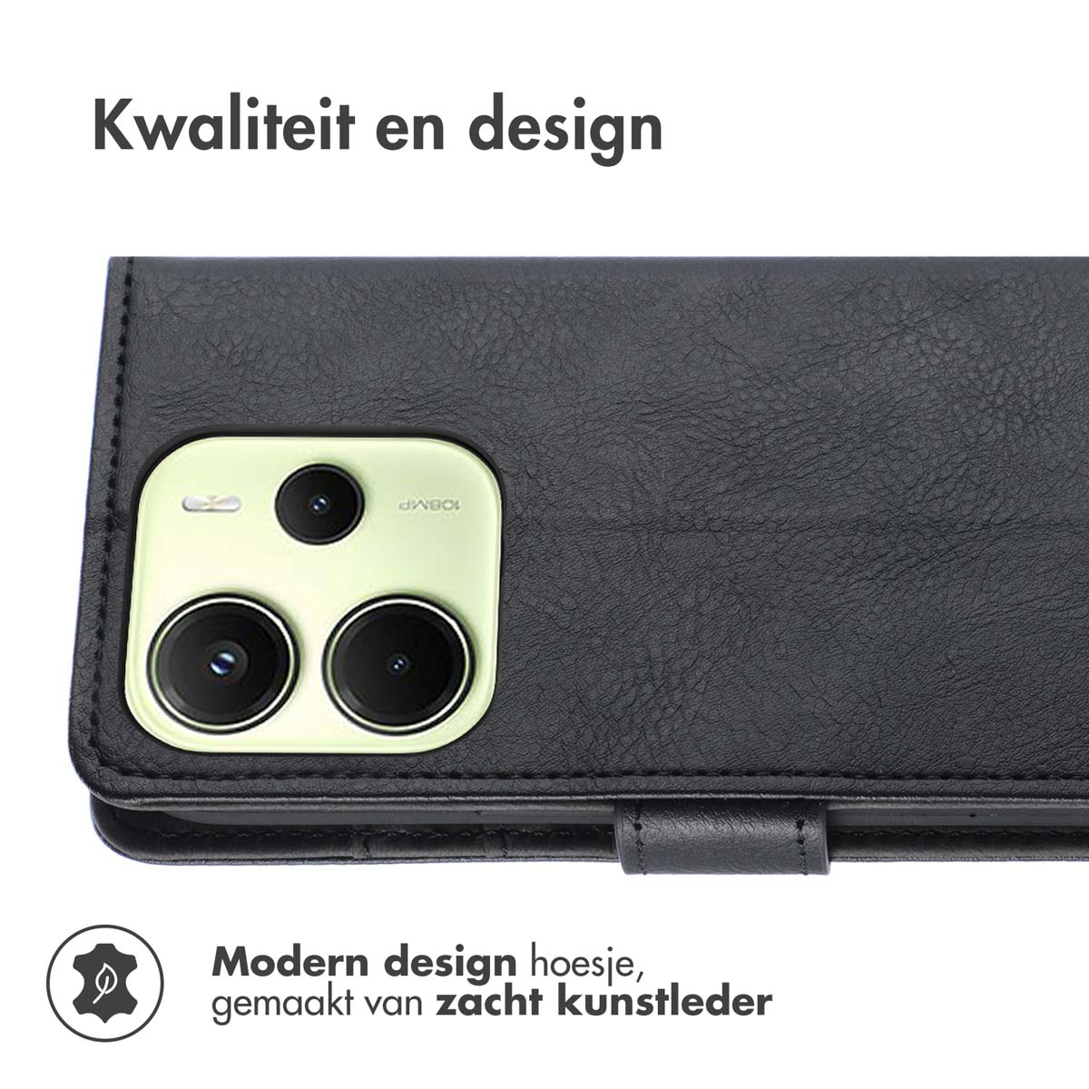 Zwarte telefoonhoes, close-up. Kenmerken zijn een camera-uitsparing en een magnetische sluiting.