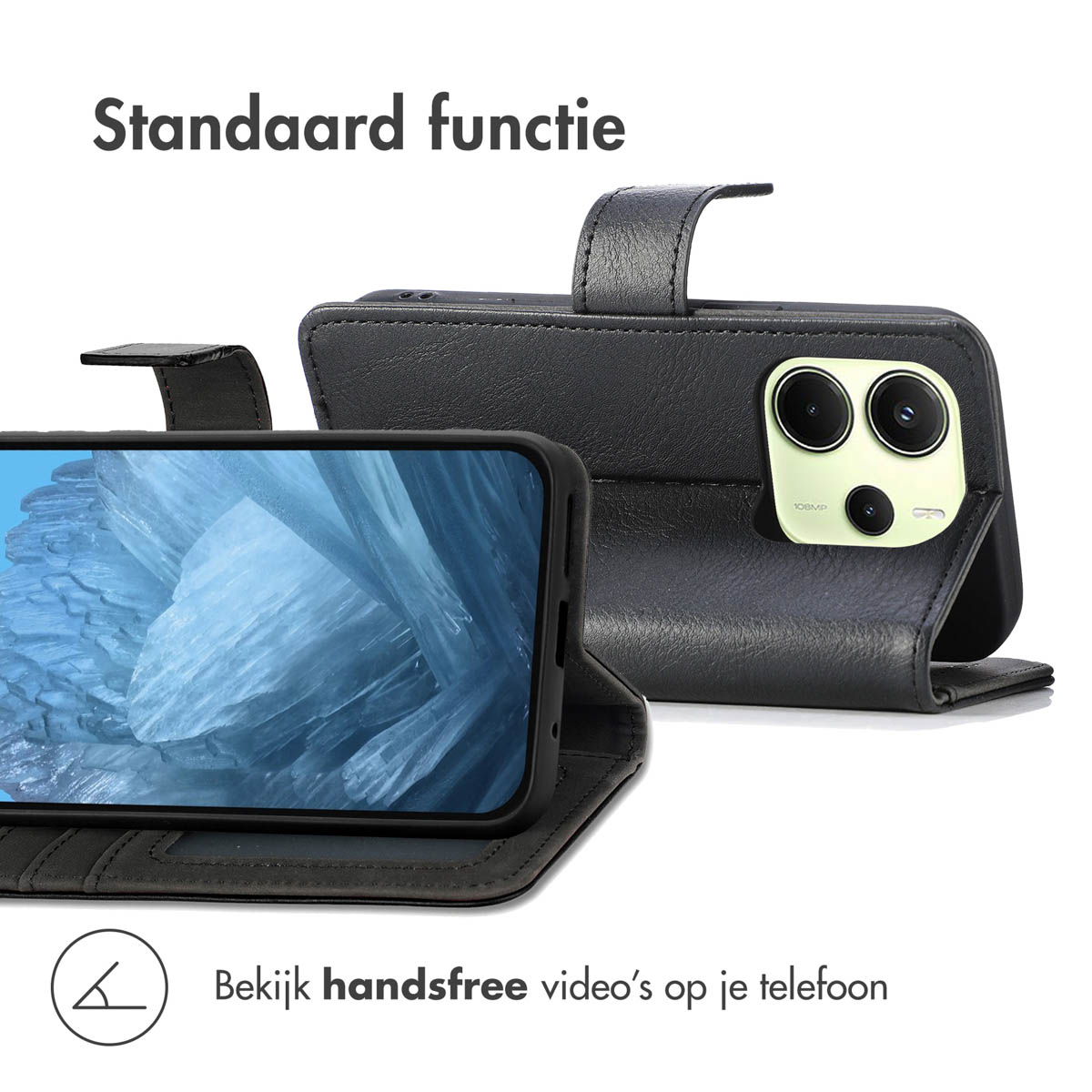 Zwarte telefoonhoes met een telefoon erin. De telefoon toont een afbeelding.