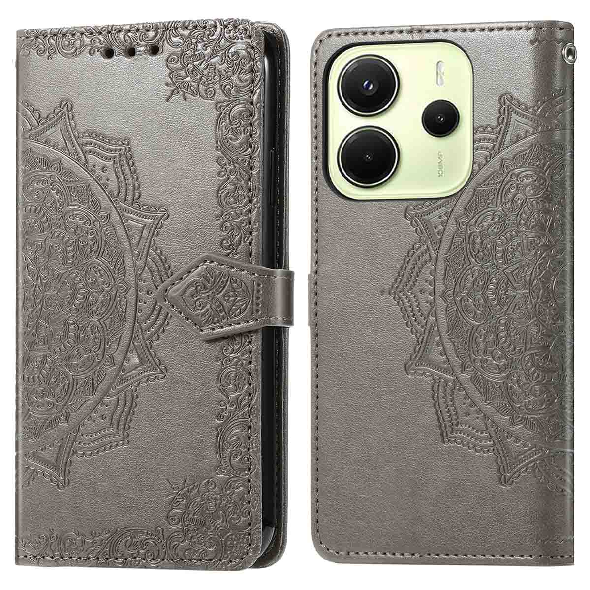 Grijze telefoonhoes met patroon, gesloten, met cameradetails op de achterkant.