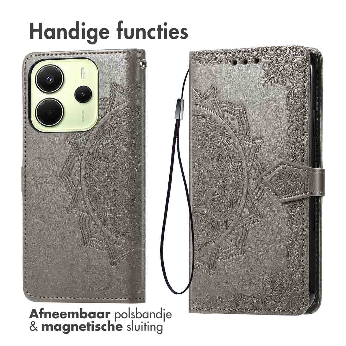 Grijze telefoonhoes met mandala-ontwerp, telefoon links, rechts gesloten, met polsband.