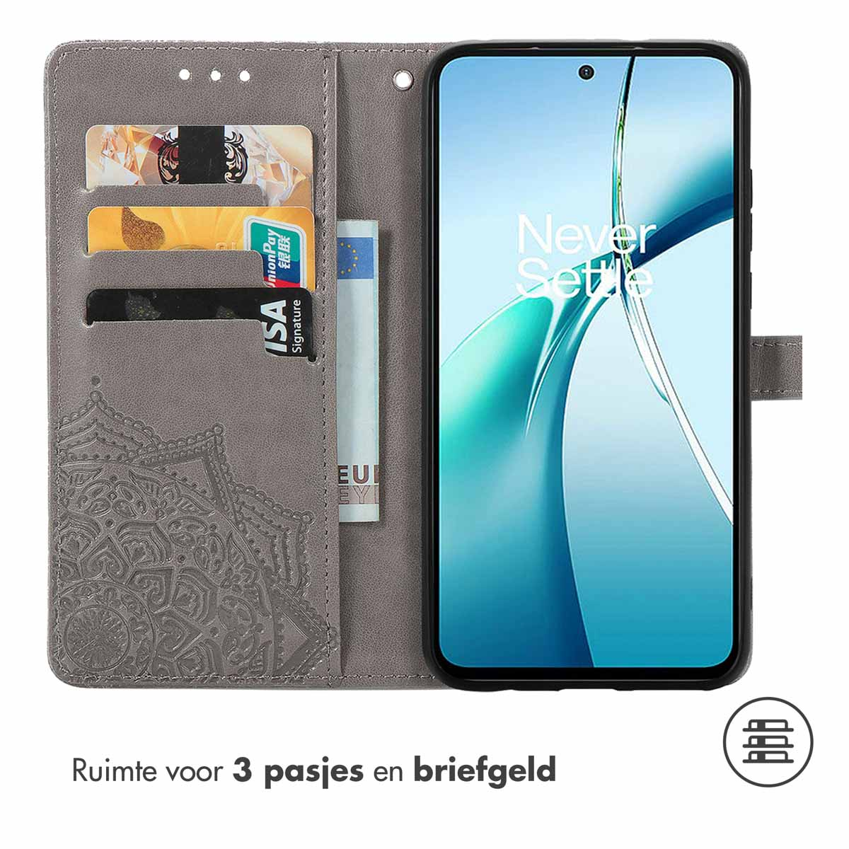 Grijze telefoonhoes met kaartsleuven en geldsleuf, met een telefoon erin met een Never Settle-scherm.