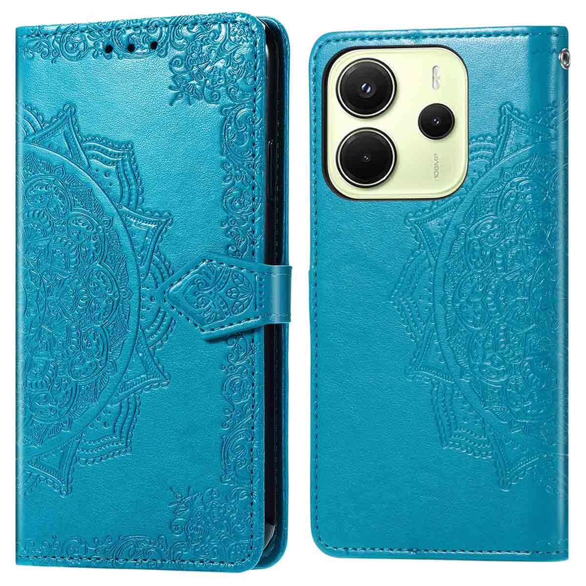 Turquoise telefoonhoes met mandala-ontwerp. Telefoon rechts, links gesloten.