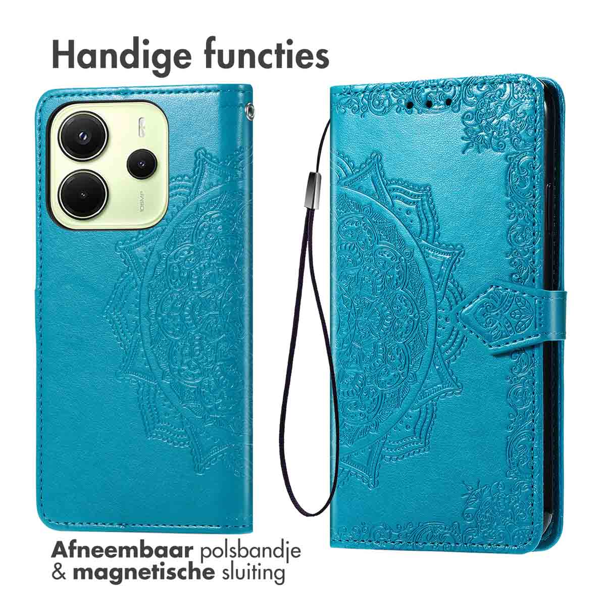 Blauw telefoonhoesje met afneembare polsband en magneetsluiting op een witte achtergrond.