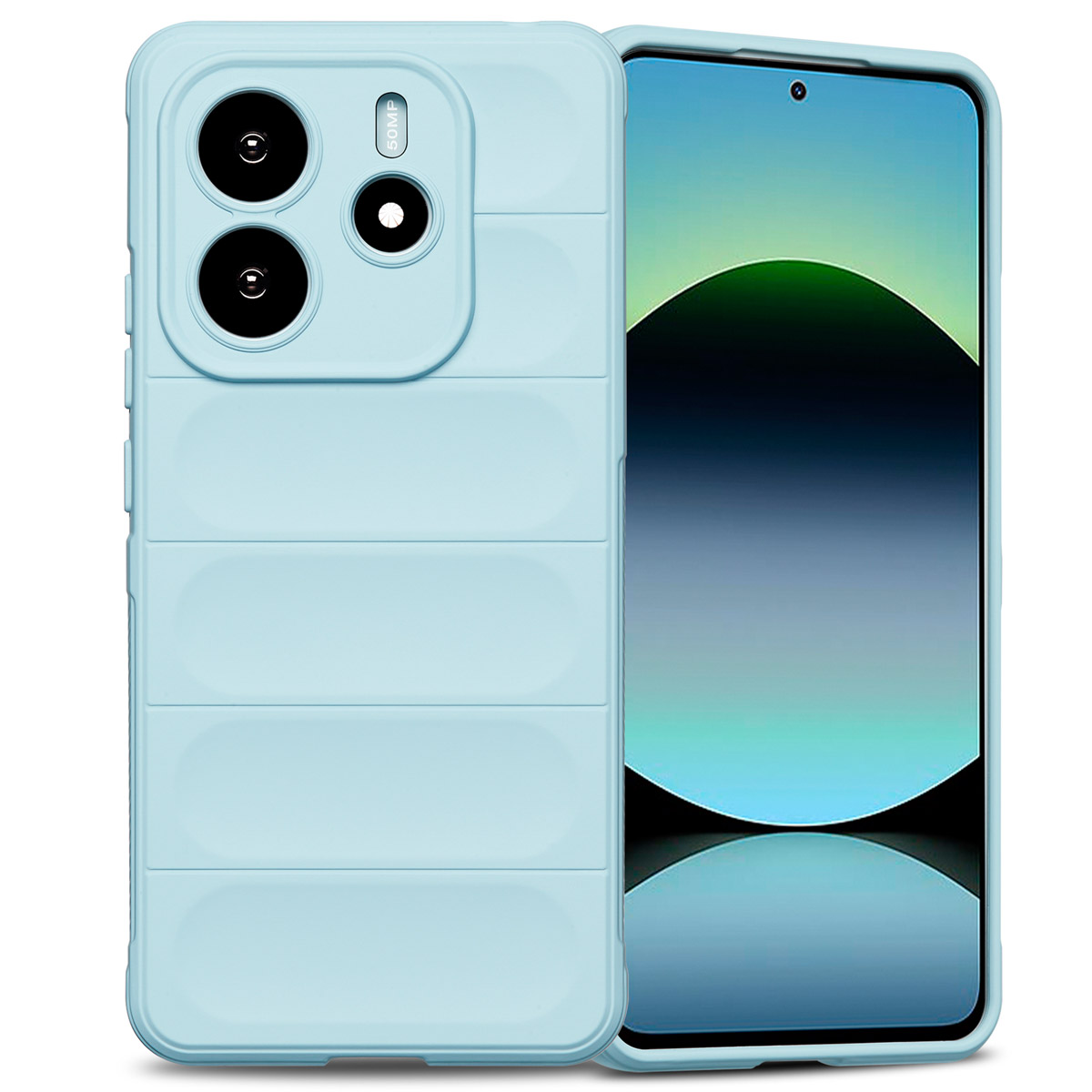 Blauw telefoonhoesje op een telefoon. Hoesje heeft camera-uitsparingen en een getextureerde achterkant.