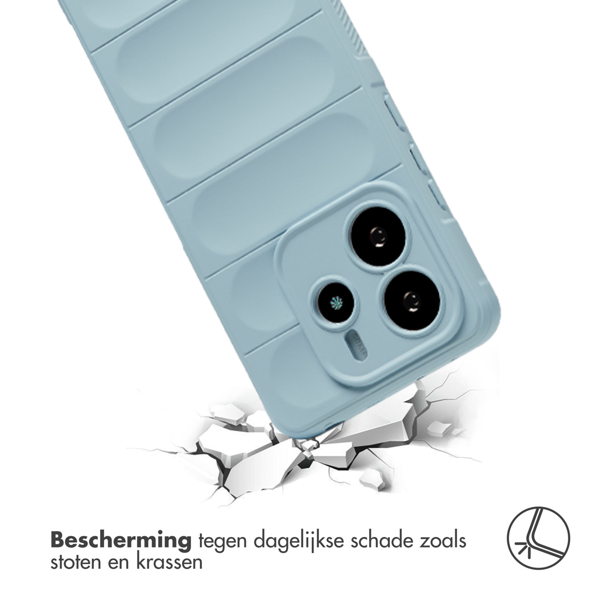 Lichtblauwe telefoonhoes die op een gebarsten oppervlak valt. De hoes heeft grip lijnen.