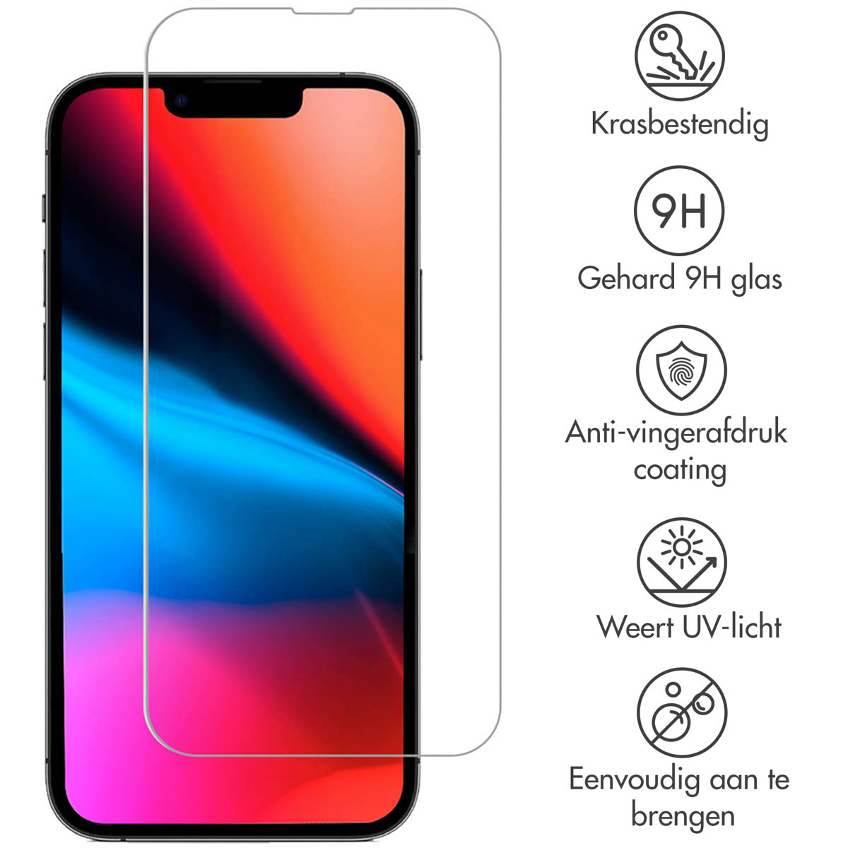 Phone with screen protector, icons indicating scratch resistance, 9H glass, anti-fingerprint, UV light.