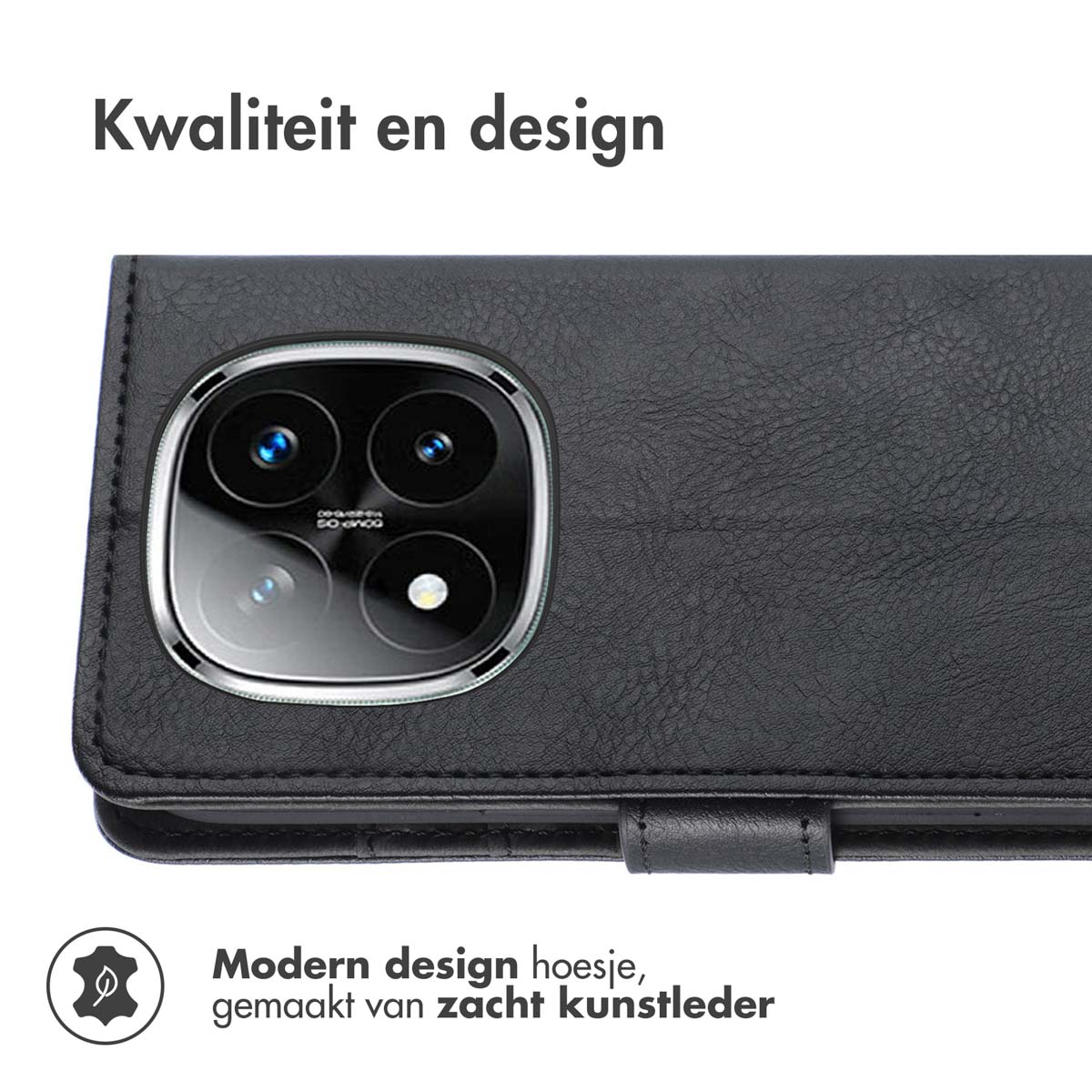 Zwarte telefoonhoes met een camera-uitsparing. Het is gemaakt van zacht, zwart leer.