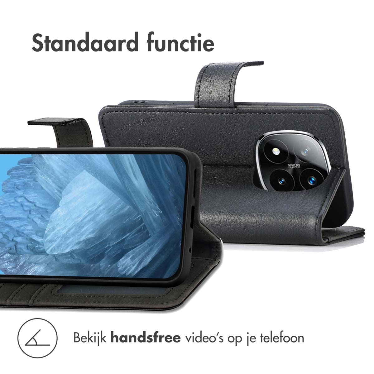 Telefoon in een zwarte wallet case, met een scherm dat een afbeelding toont, handsfree video bekijken.