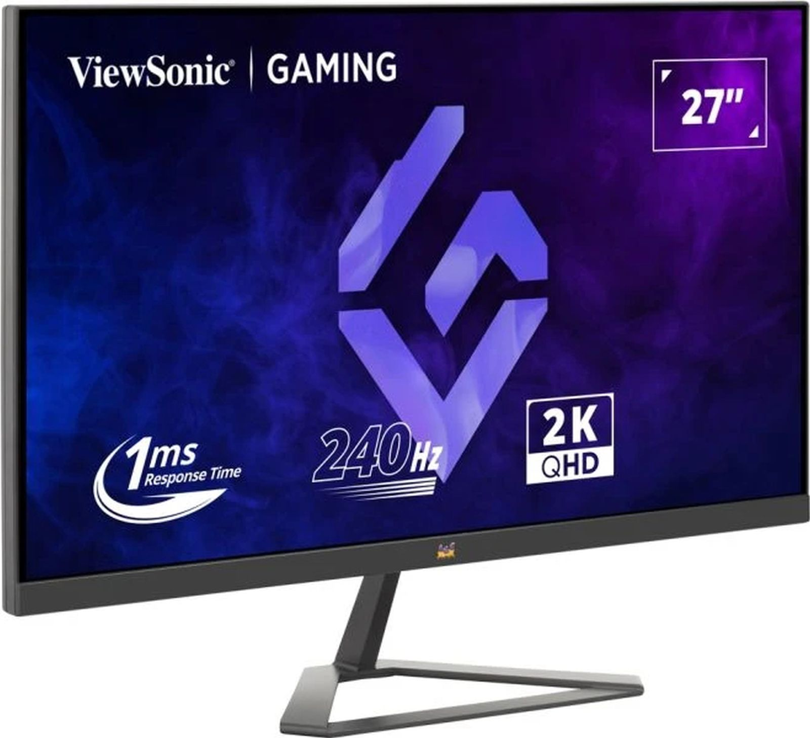 Monitor do gier ViewSonic. Ma niebiesko-fioletową grafikę na ekranie i czarną podstawę.
