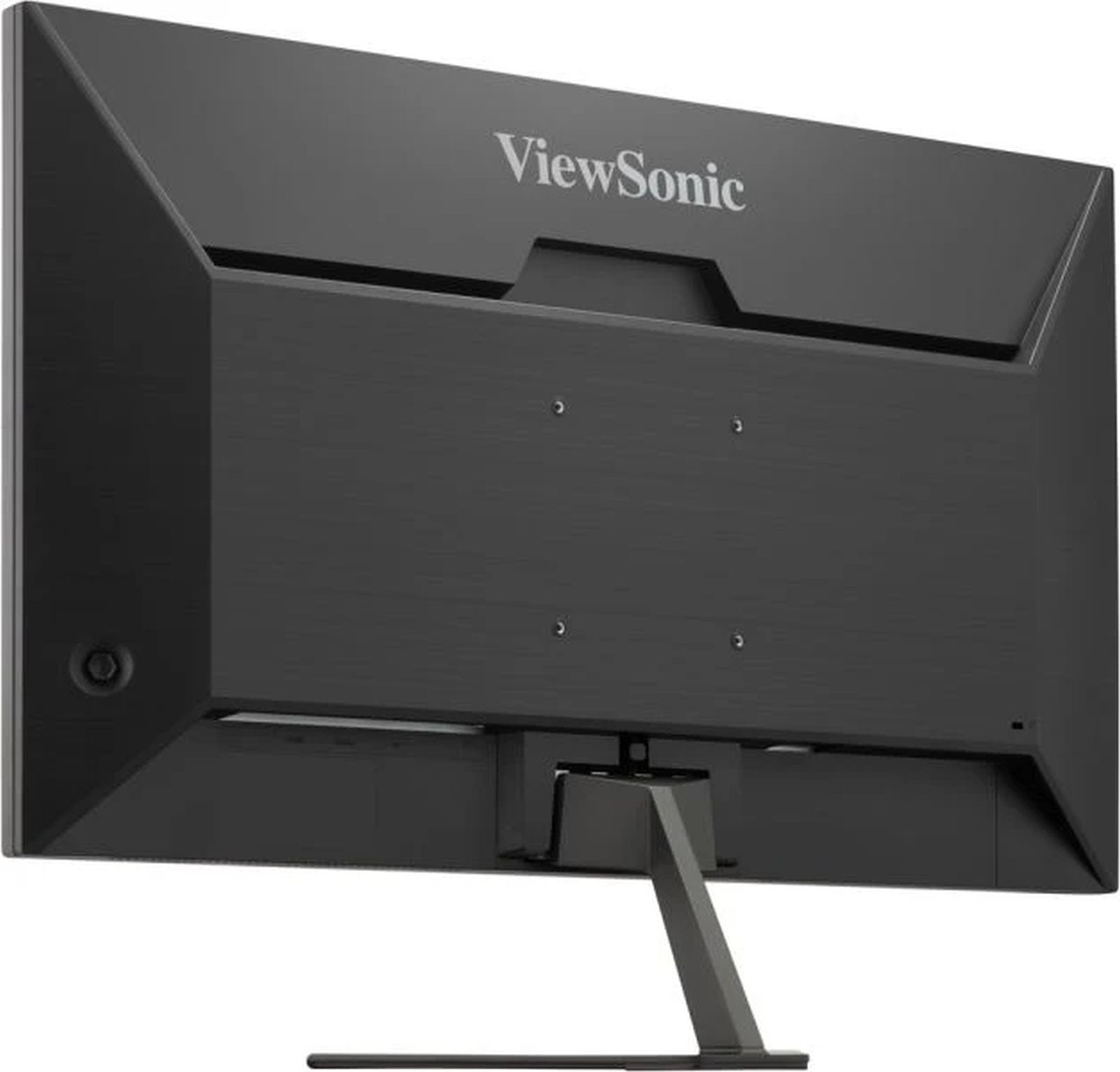 Tył czarnego monitora. Ma podstawę i kilka otworów na śruby.