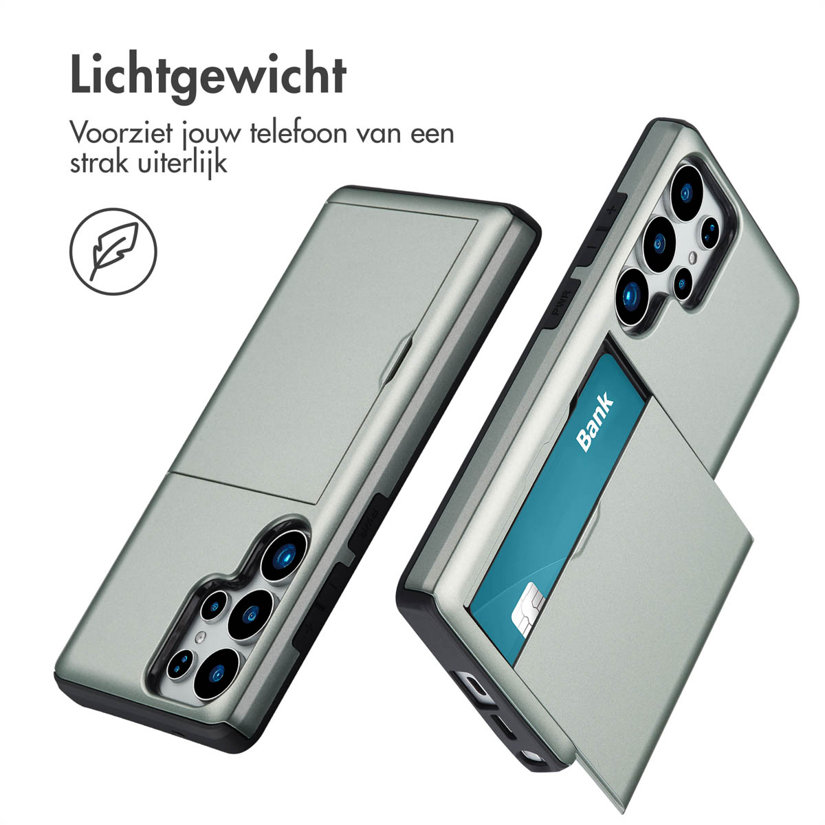 Twee telefoonhoesjes, één open met een kaart, de andere gesloten. Beide groen met zwarte details.