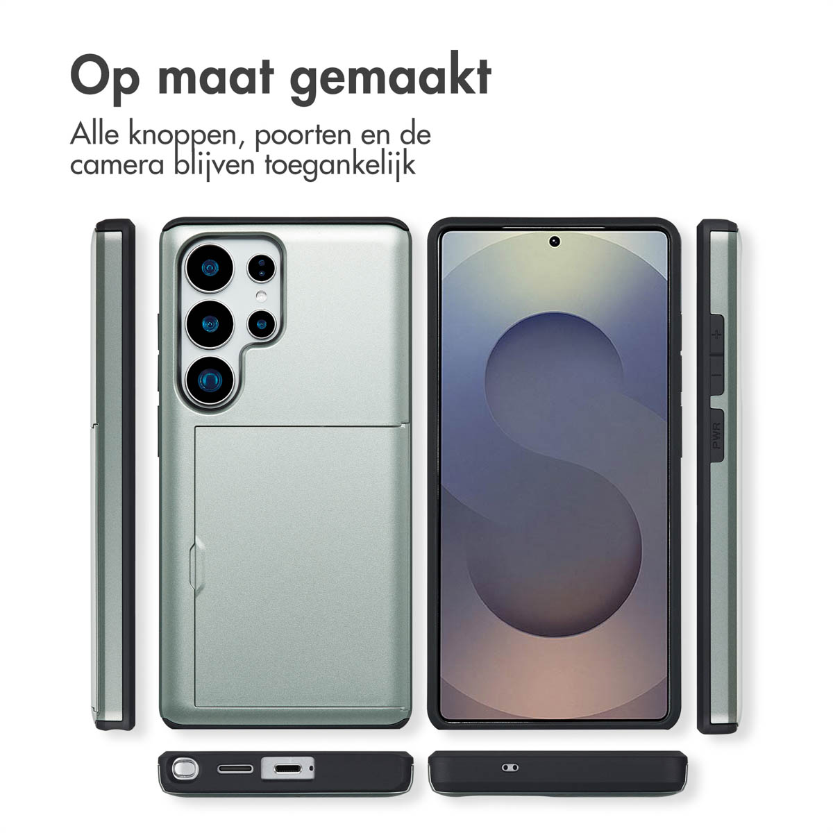 Telefoonhoesje met een telefoon erin en een andere telefoon vanuit verschillende hoeken.