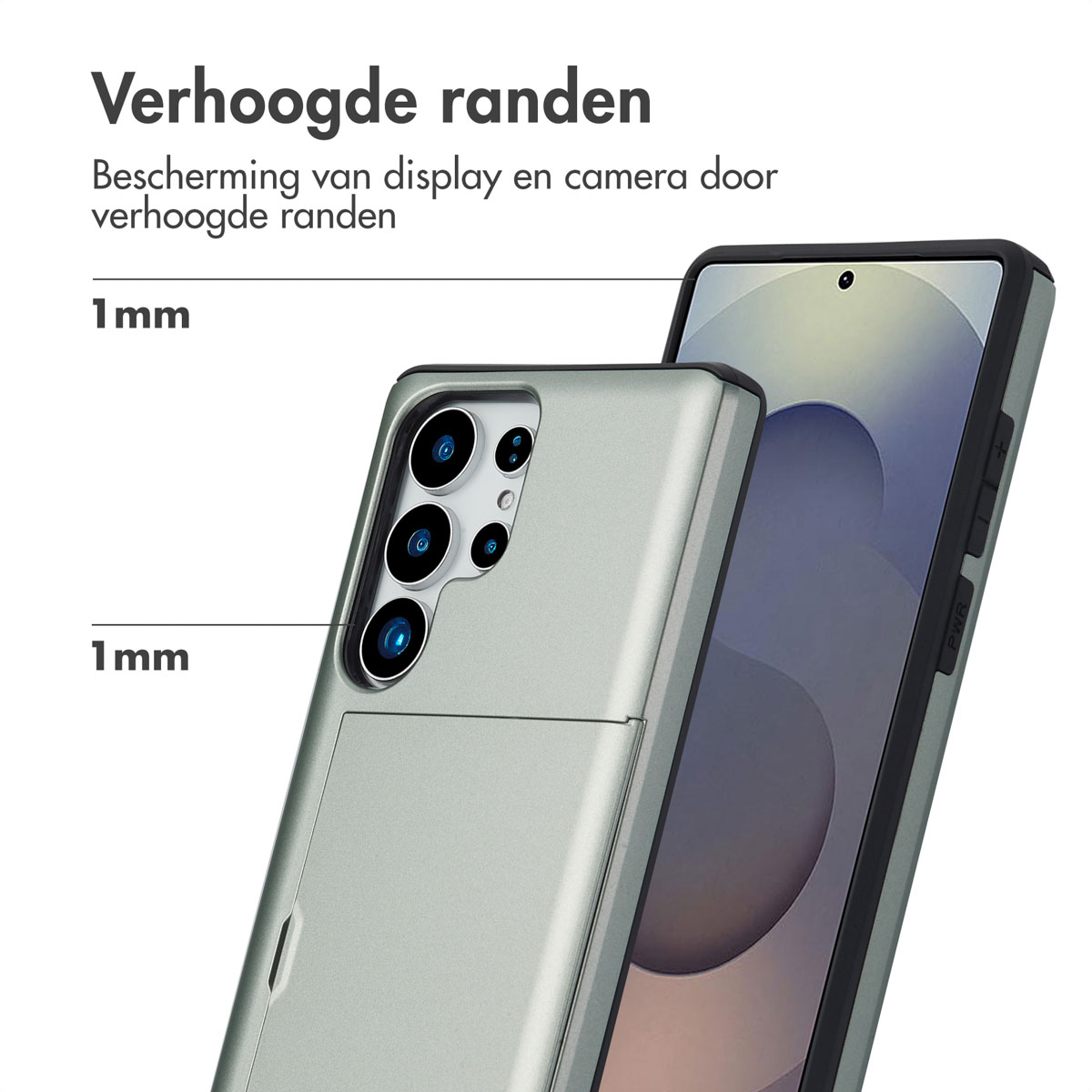 Telefoonhoesje en telefoon met verhoogde randen. Randen zijn gemarkeerd met 1 mm voor scherm en camera.