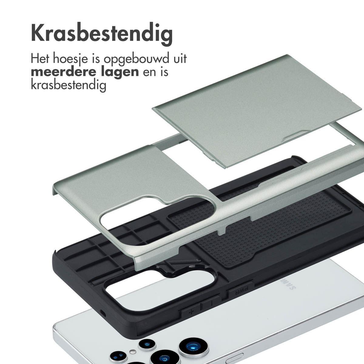 Telefoonhoeslagen. Bovenste laag, middelste laag, telefoon. Zwarte, grijze en zilveren kleuren.