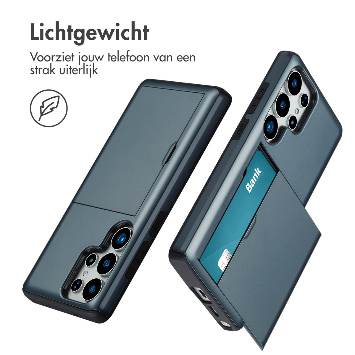 Twee telefoonhoesjes, één open met een kaart, de andere gesloten. Beide blauw met zwarte details.