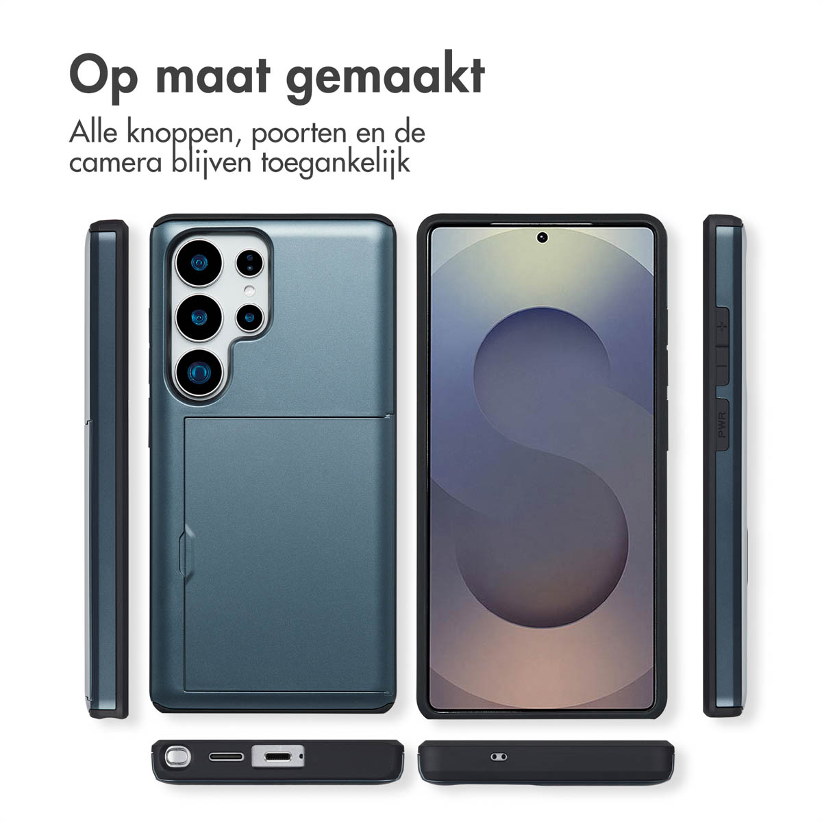 Telefoonhoesje met zijaanzicht, achter- en vooraanzicht. Allemaal met knoppen en poorten, blauwe kleur.