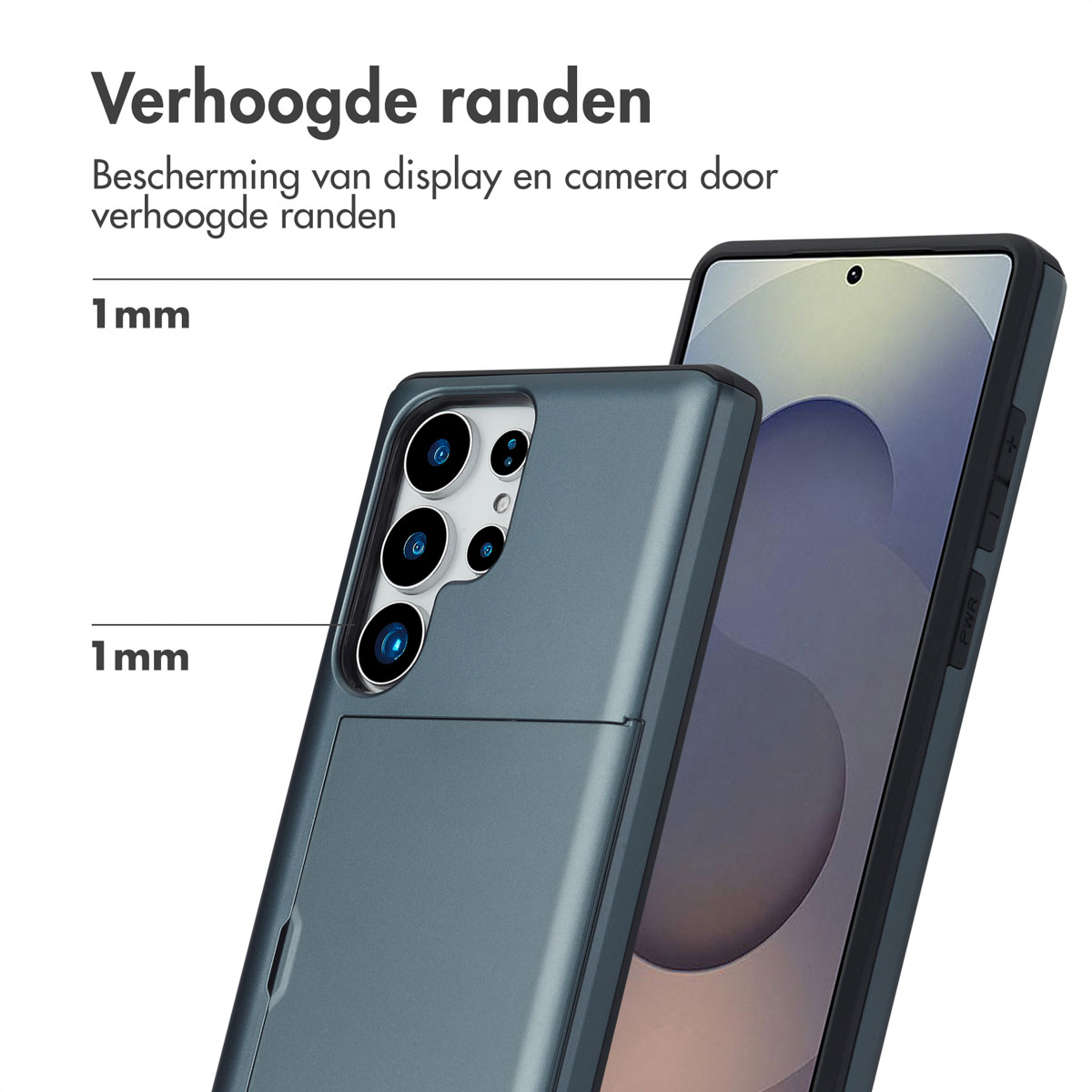 Telefoonhoesje en telefoon met verhoogde randen. Randen zijn gemarkeerd met 1 mm voor scherm en camera.