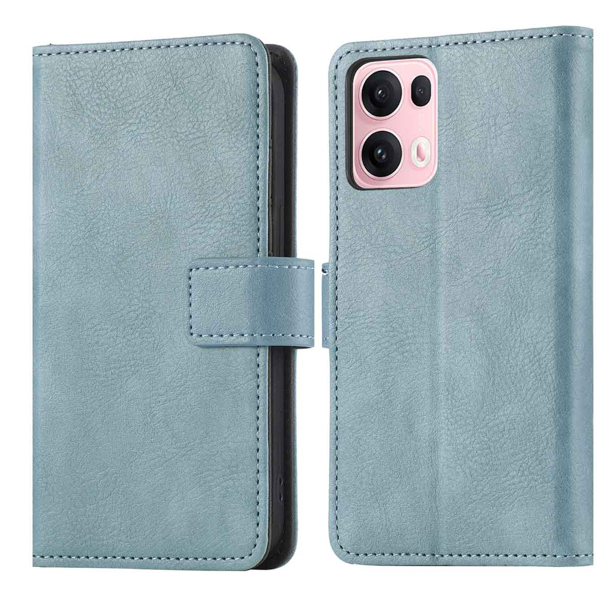 Étui de téléphone bleu, ouvert et montrant le téléphone. Texture cuir, caméra rose.