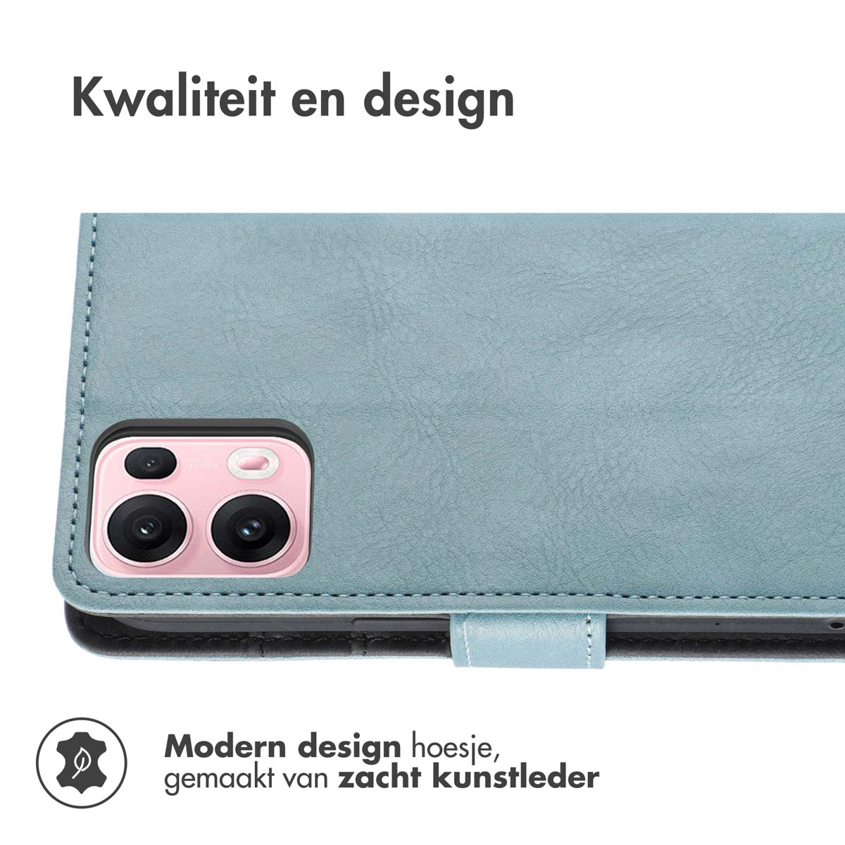 Étui de téléphone bleu, ouvert et montrant le téléphone. Texture cuir, caméra rose.