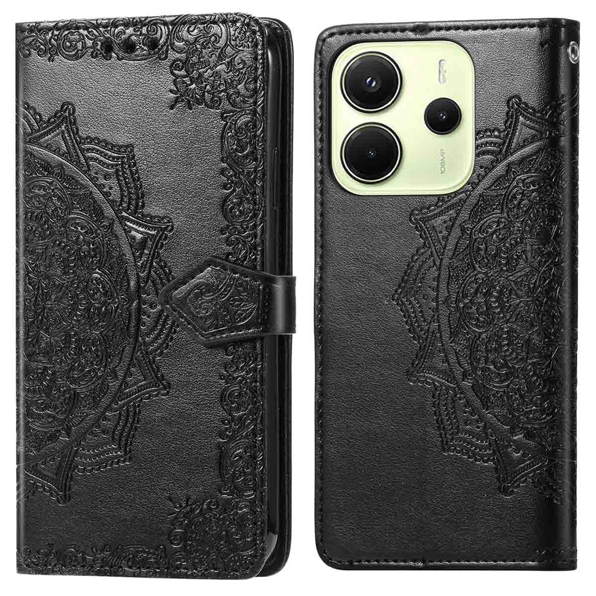 Een zwarte leren telefoonhoes met een sierlijk mandala-ontwerp.
