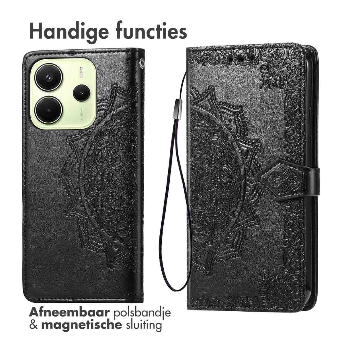 Een zwart lederen telefoonhoesje met een riem en mandala-ontwerp.