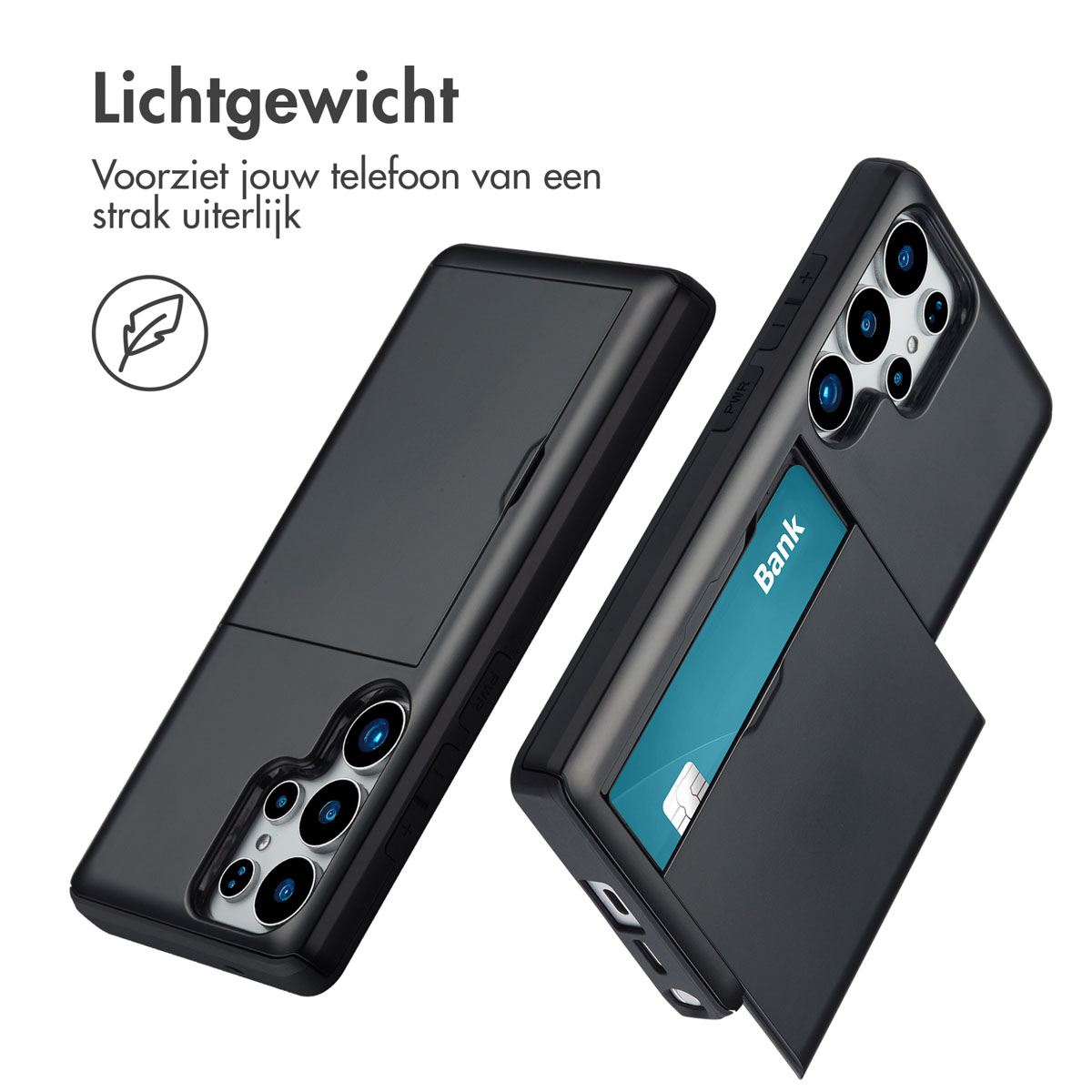 Zwarte telefoonhoes met kaartsleuf, schuine weergave.