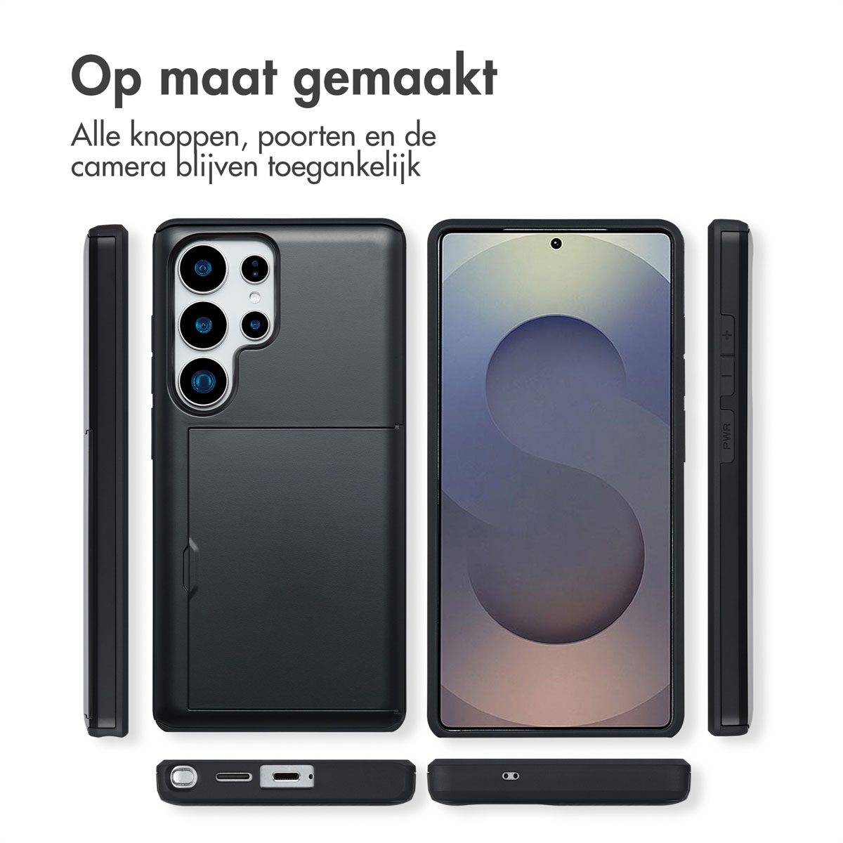 Zwarte telefoonhoes met een kaartsleuf en een telefoon. Meerdere weergaven van de hoes en de telefoon.