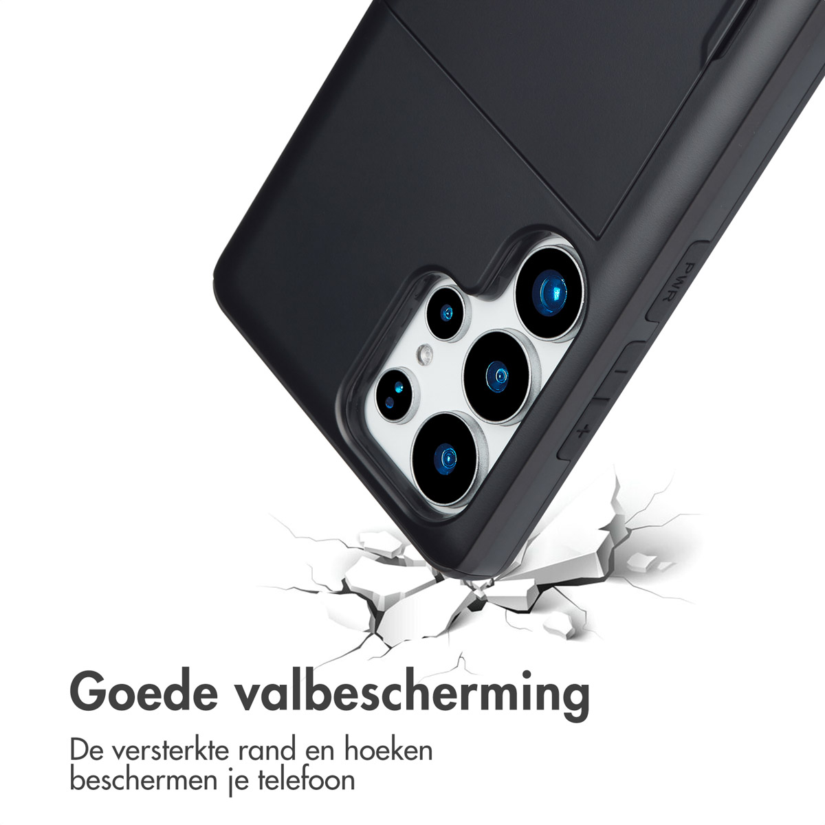 Telefoonhoesje dat valt, met scheuren rond de impact.
