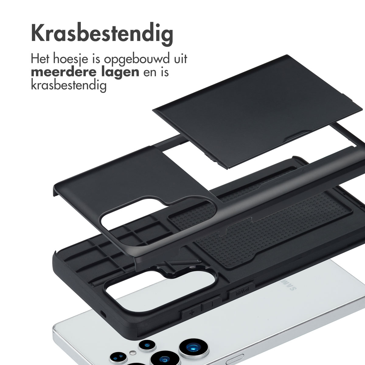 Zwarte telefoonhoes-componenten gescheiden. Hoes bestaat uit lagen. Witte achtergrond.