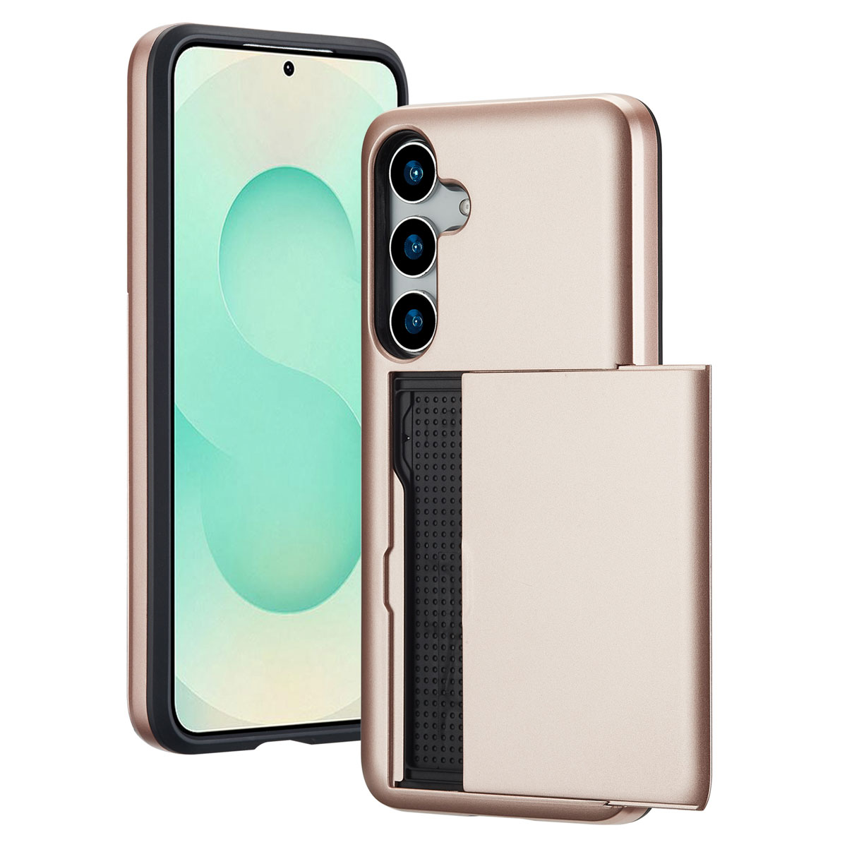 Roze telefoonhoes met een kaartsleuf en een telefoon. De telefoon is zwart met een zwarte hoes.