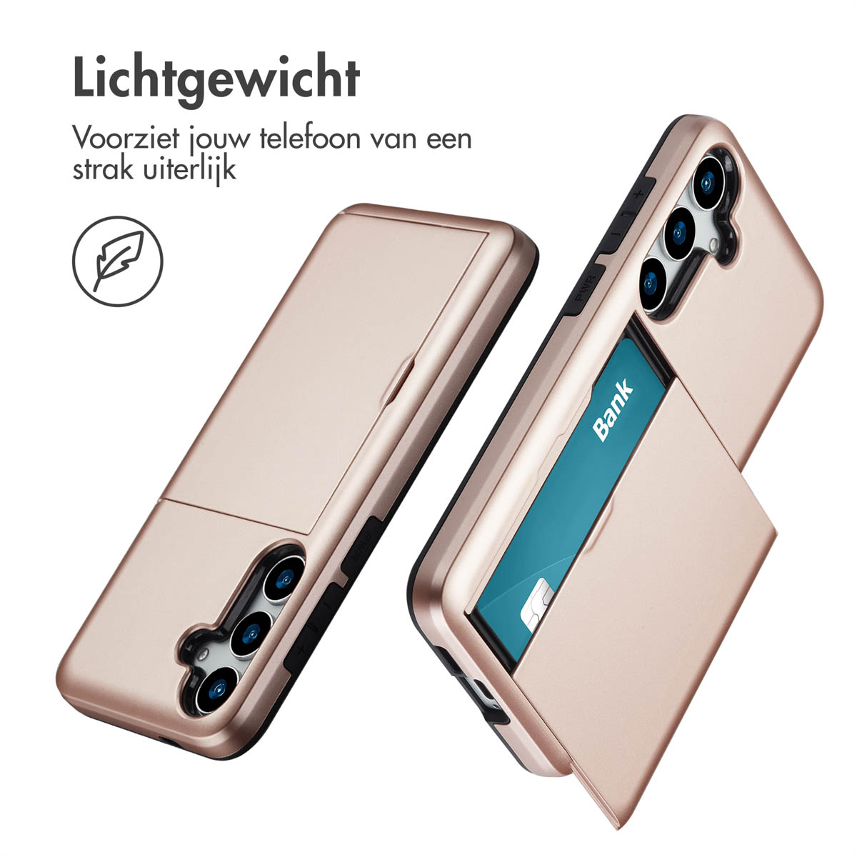 Roze telefoonhoes met een kaartsleuf en een telefoon. De telefoon is ook roze. Hoes is open.
