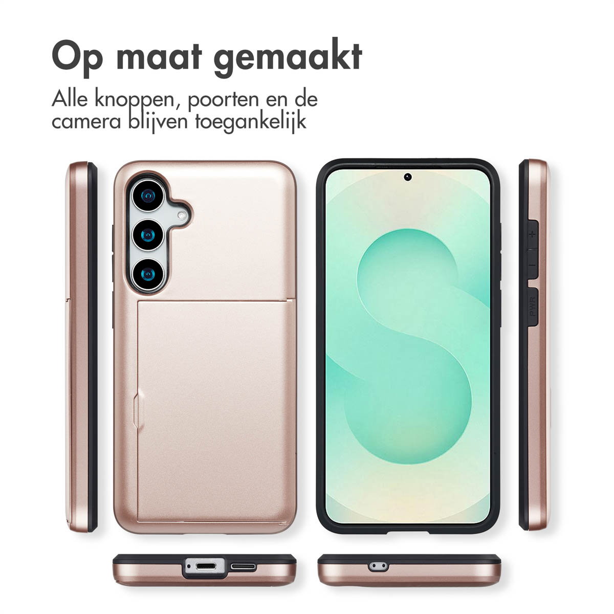Roségouden telefoonhoesje met een kaartsleuf, telefoon erin. Tekst: Op maat gemaakt.