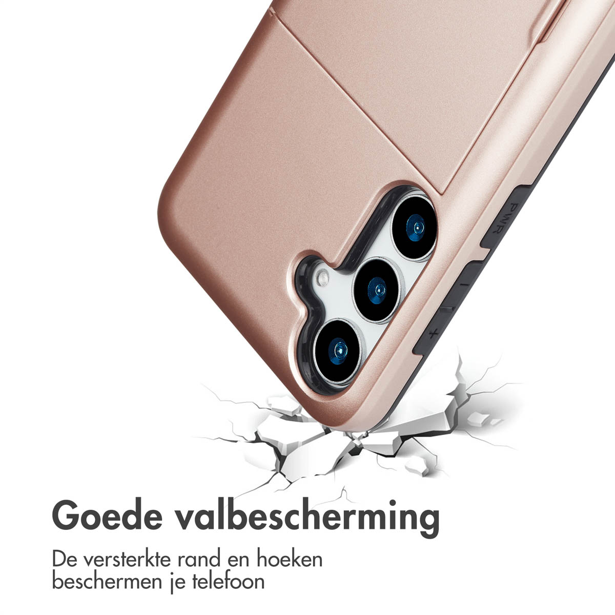 Roségouden telefoonhoesje op de grond, met scheureffect. Tekst: Goede valbescherming.