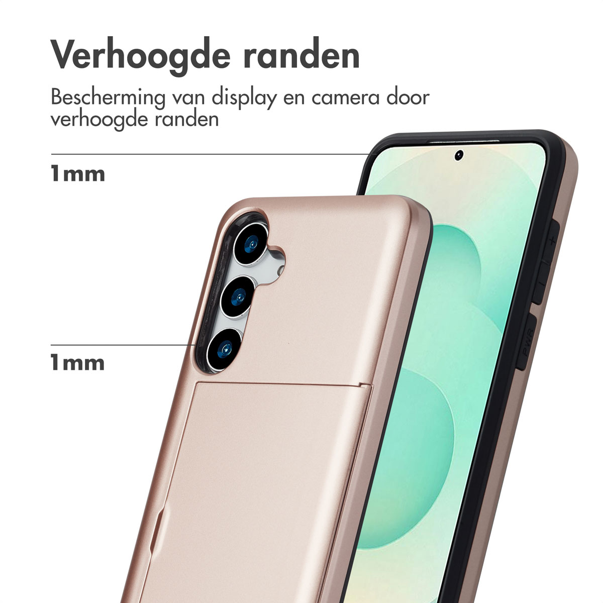 Twee telefoonhoesjes. Eén goudkleurig, één zwart. Beide hebben verhoogde randen om het scherm en de camera te beschermen.