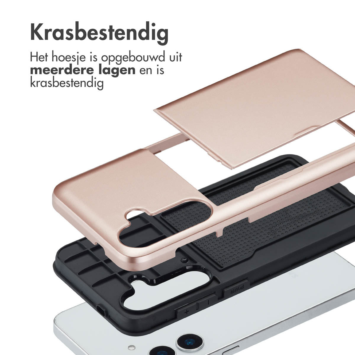 Roze gouden telefoonhoeslagen. De hoes is krasbestendig. Lagen zijn roségoud, zwart en zilver.
