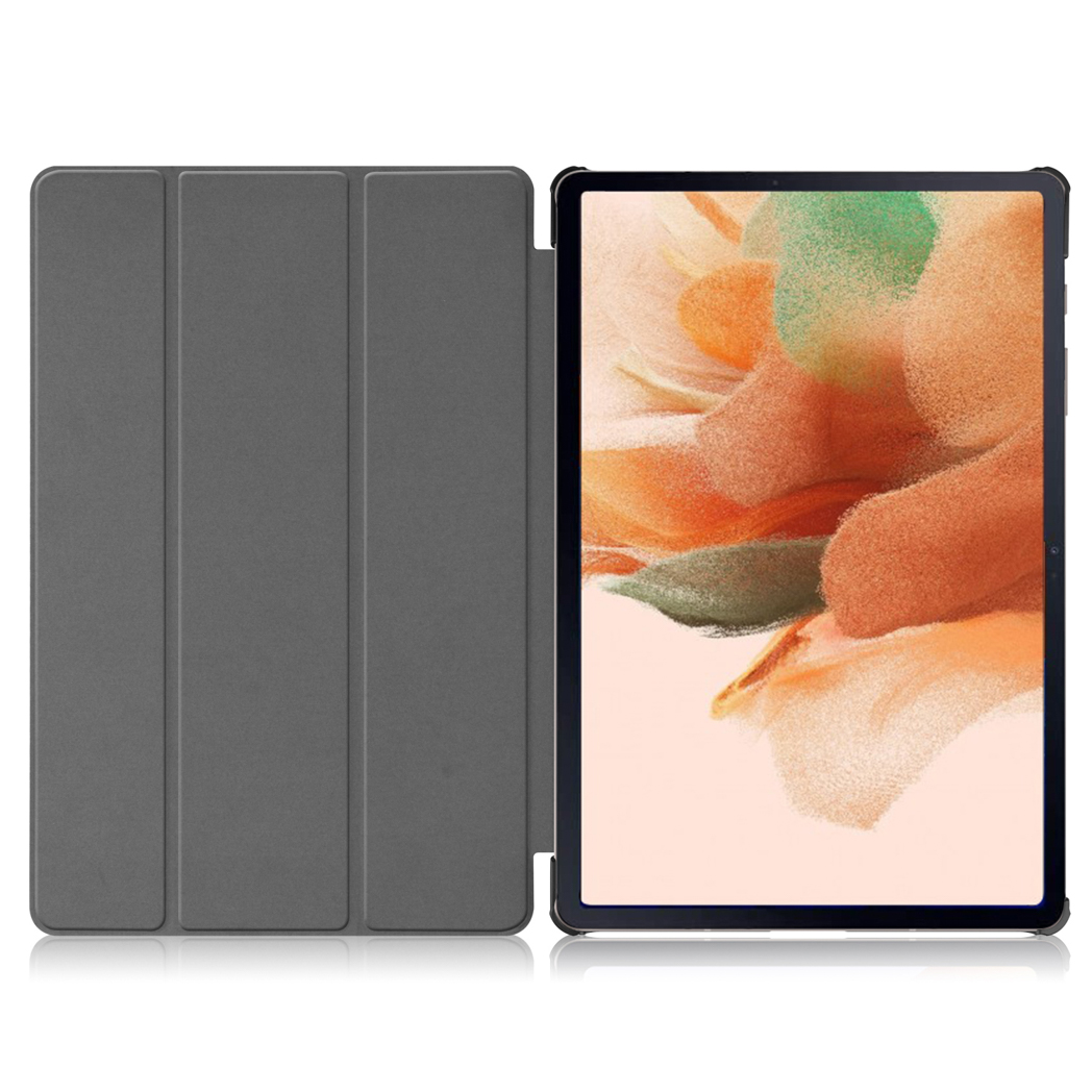 Étui de tablette gris, ouvert pour montrer l'écran. La tablette a un bord noir.