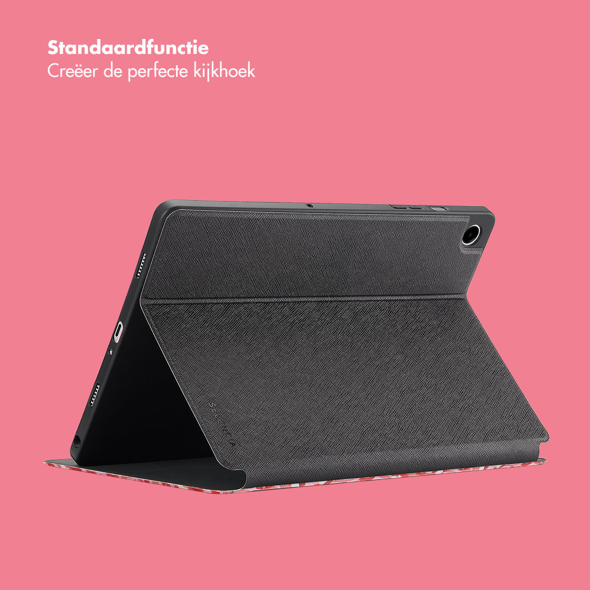 Étui de tablette ouvert, intérieur noir, extérieur à motif rouge. Fond rose, texte en haut.