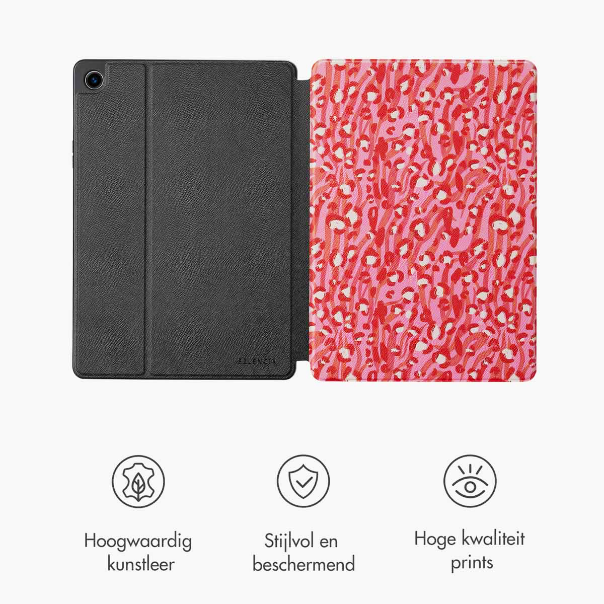 Étui de tablette ouvert montrant un intérieur à imprimé léopard. Extérieur noir, icônes en bas, fond blanc.