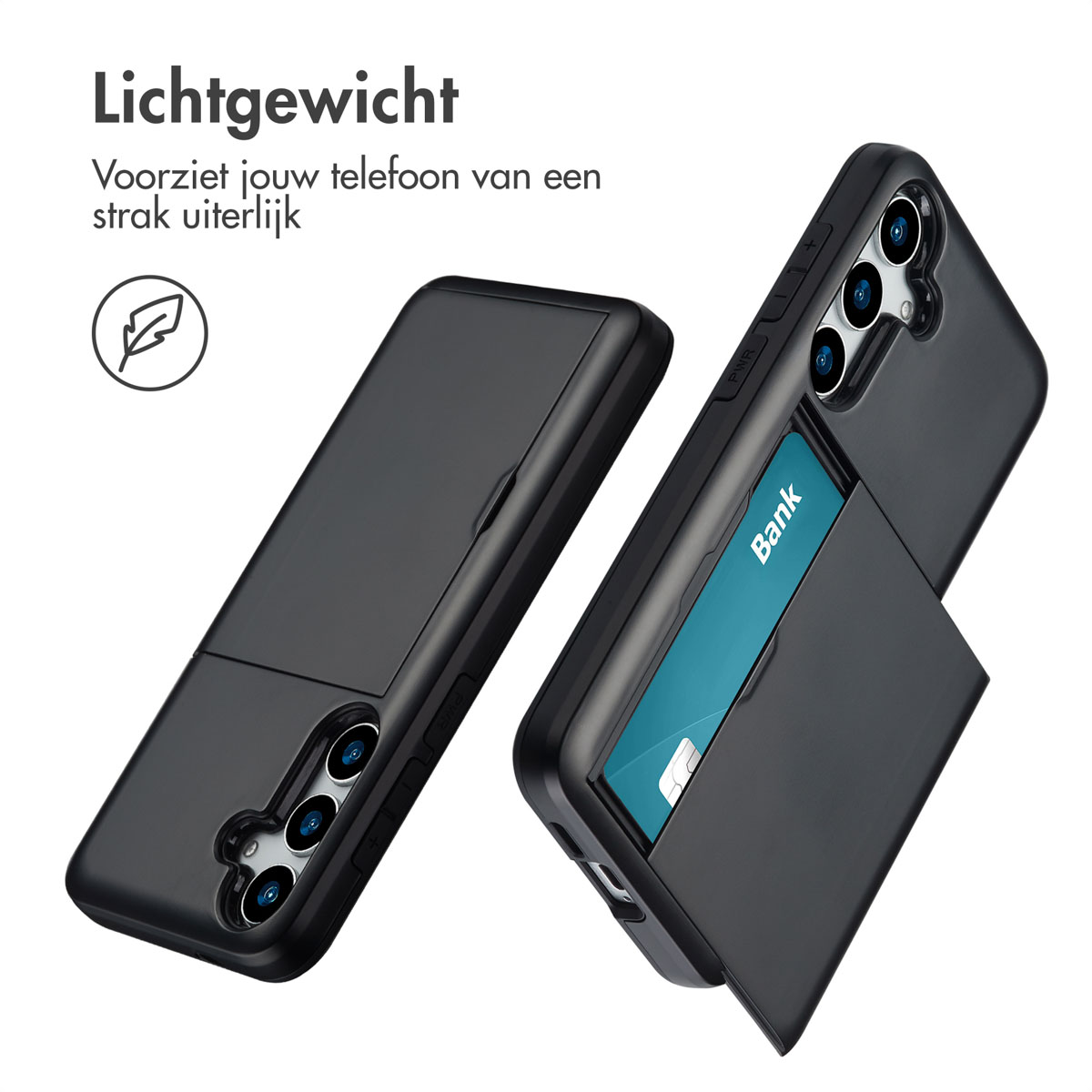 Zwarte telefoonhoes met kaartsleuf. Tekst: Lichtgewicht.
