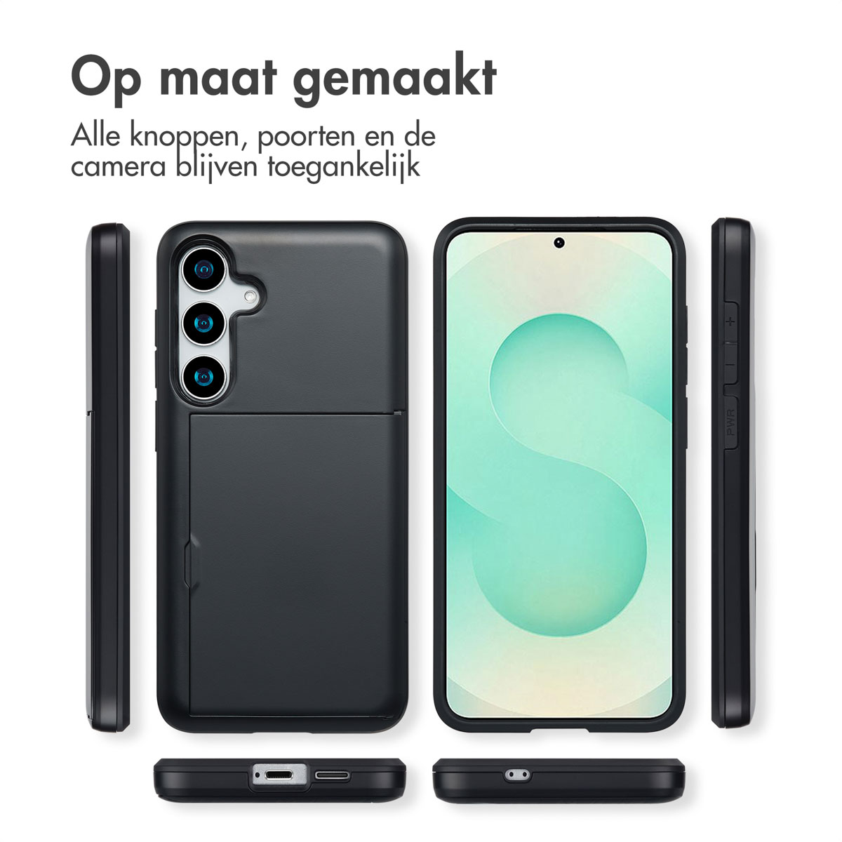 Zwarte telefoonhoes met kaartsleuf, telefoon erin. Tekst: Op maat gemaakt.