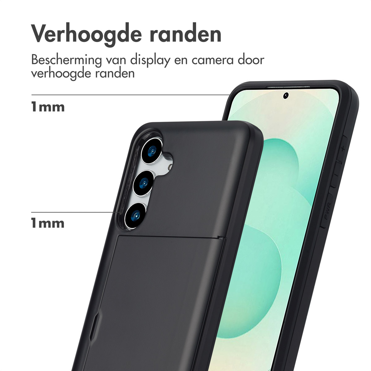 Zwarte telefoonhoes, close-up van de camera. Tekst: 1 mm.