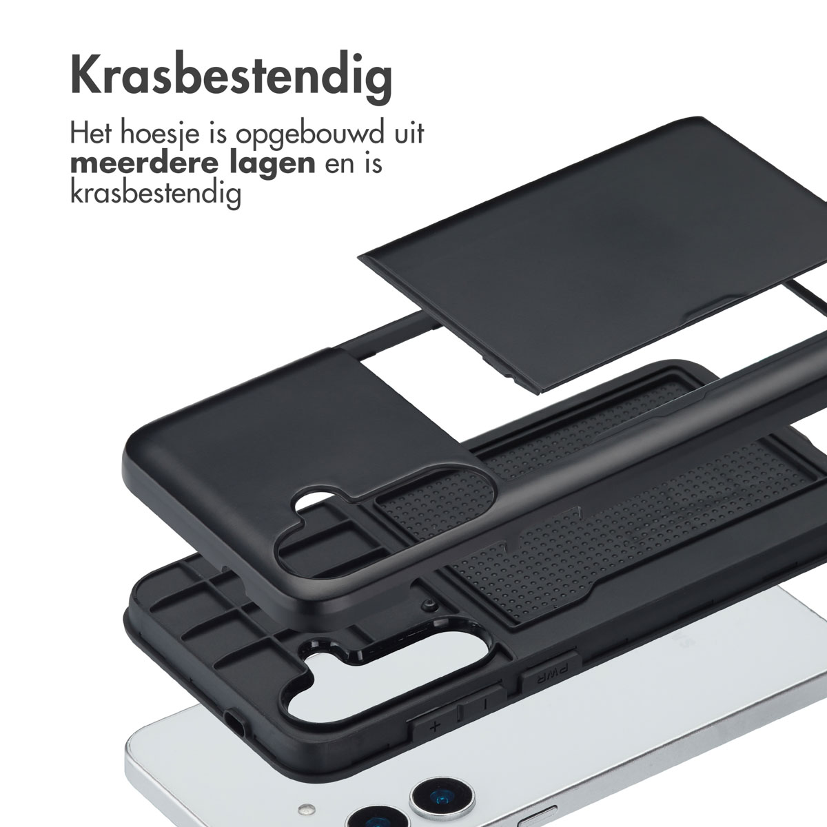 Exploded view van telefoonhoesje. Zwarte hoes, met gelaagde onderdelen. Witte achtergrond, tekst bovenaan.