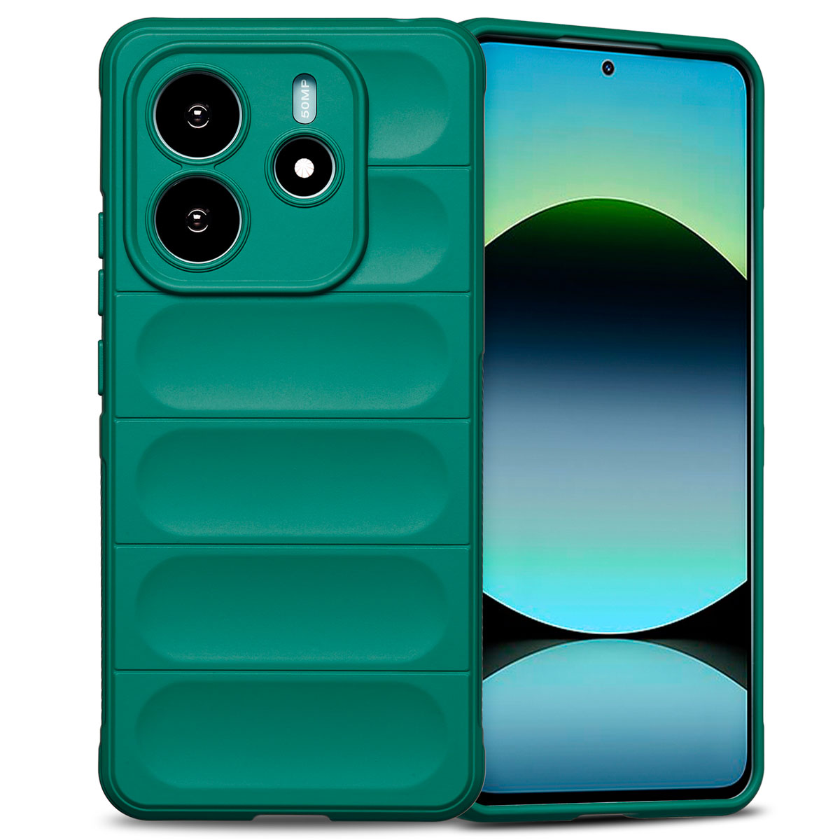 Coque de téléphone verte. Téléphone à l'intérieur. Texte : 50MP.