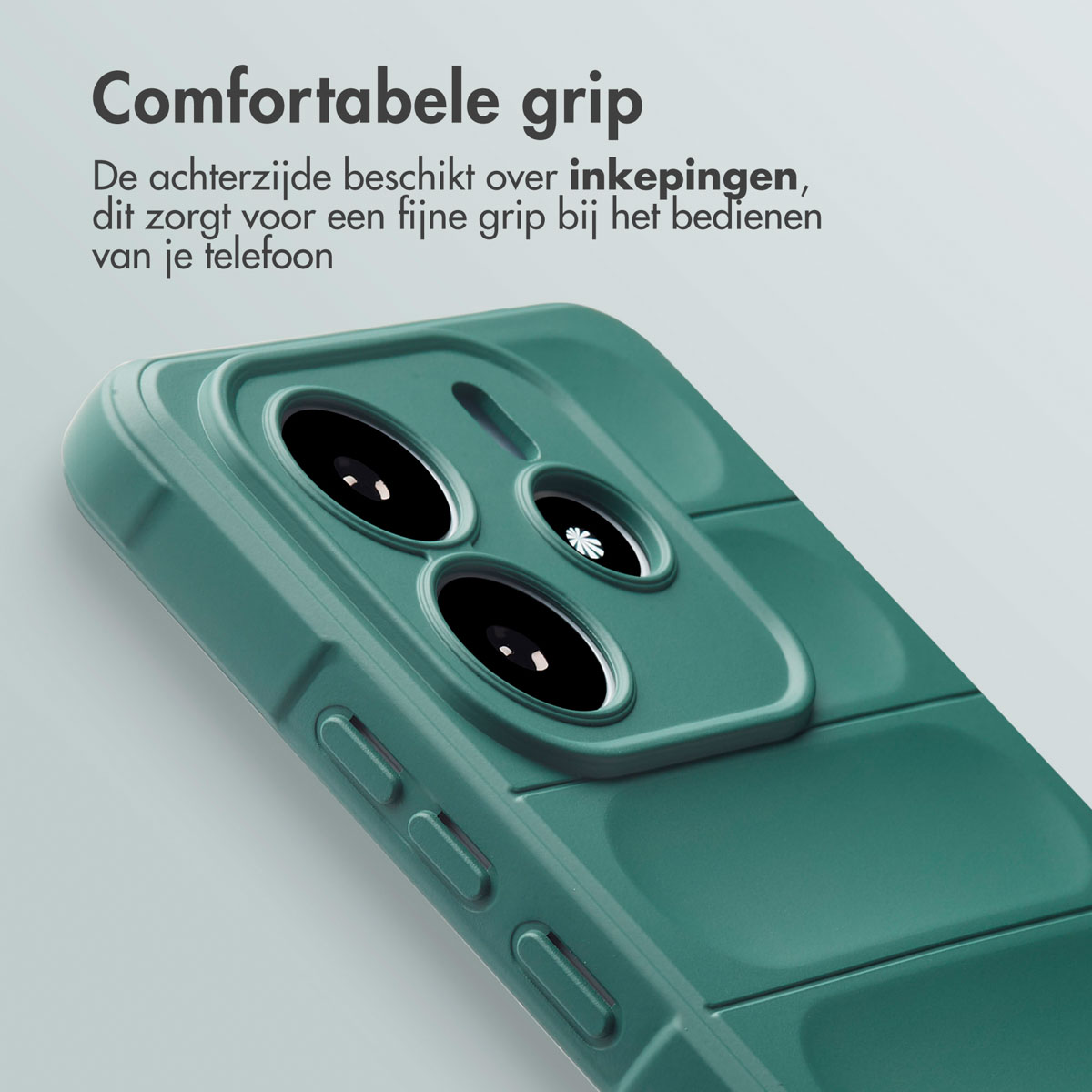 Coque de téléphone verte avec dos texturé. Étui avec découpes pour caméra. Texte: Comfortabele grip.