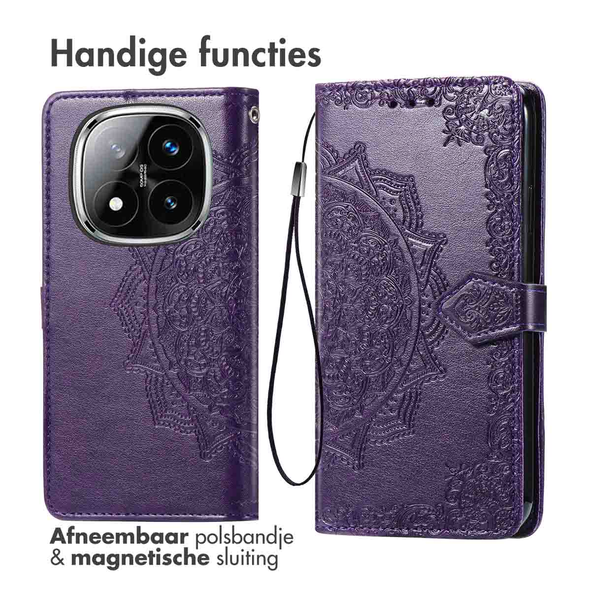 Paarse telefoonhoes met een mandala-ontwerp, open om de telefoon te tonen. Tekst: Handige functies.