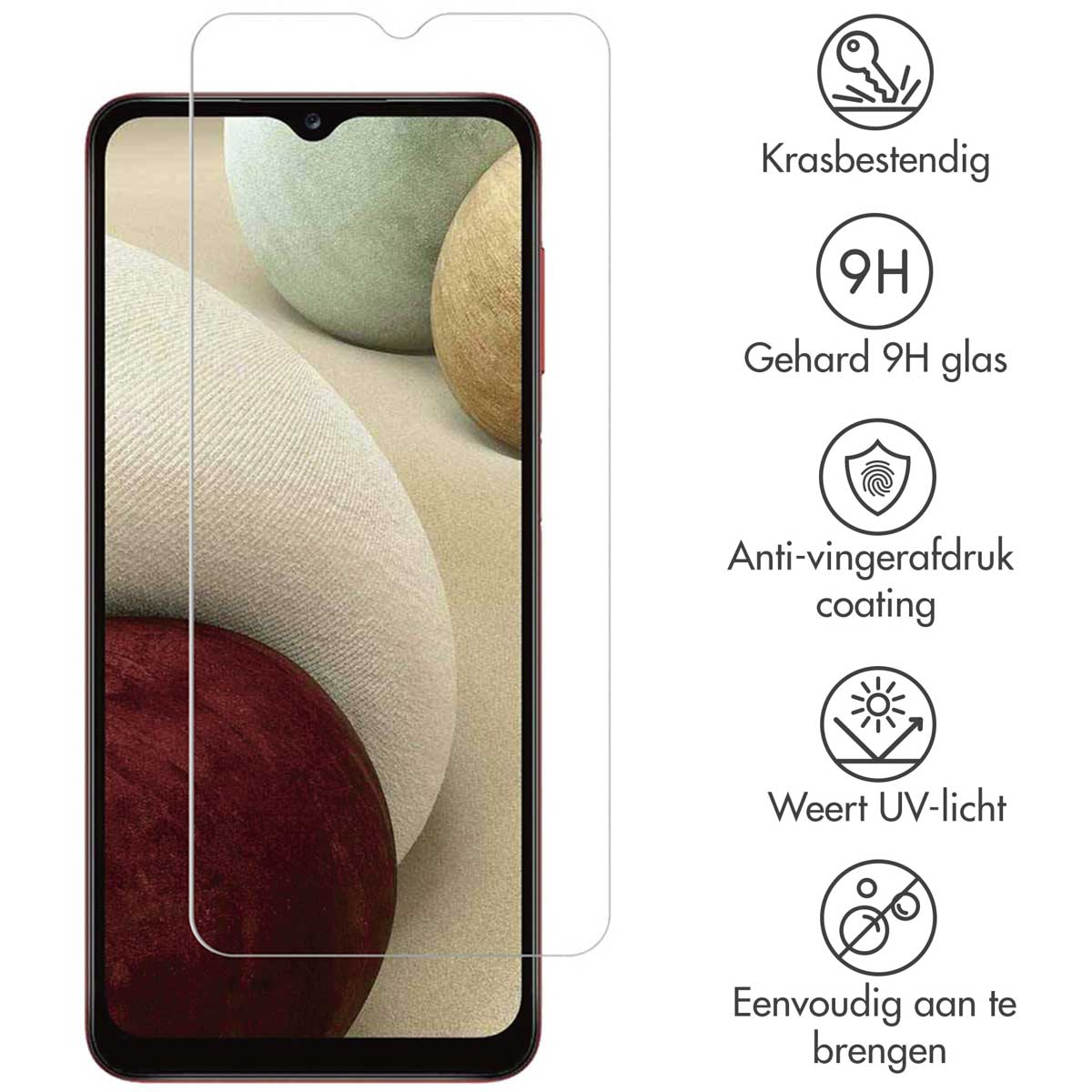 Un téléphone avec protecteur d'écran. Les icônes indiquent la résistance aux rayures, verre 9H, et UV.