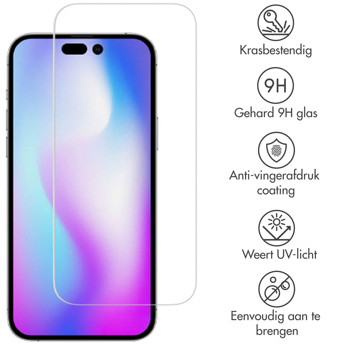 A phone with a screen protector. Icons indicate scratch resistance, 9H glass, and UV protection.